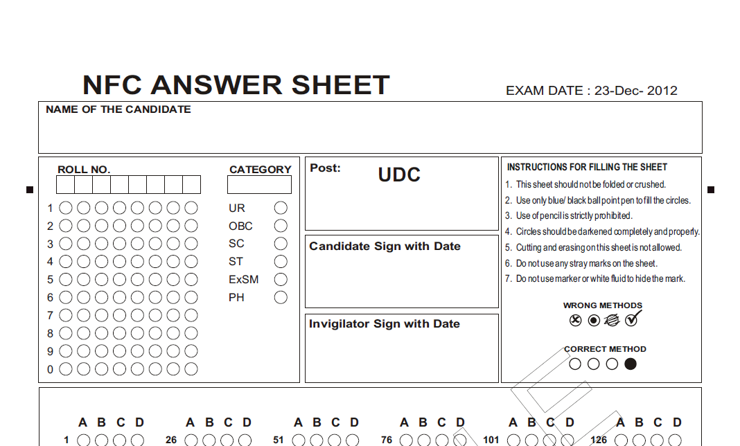 NFC hyderabad Recruitment OMR Sheet